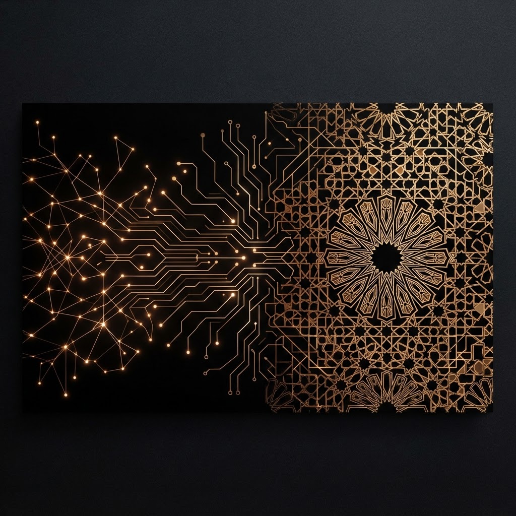 Maghreb geometry merging into circuit patterns